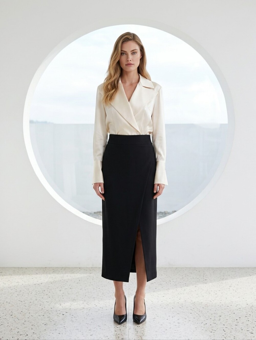 Halston Black Midi Pencil Skirt - Front Flap